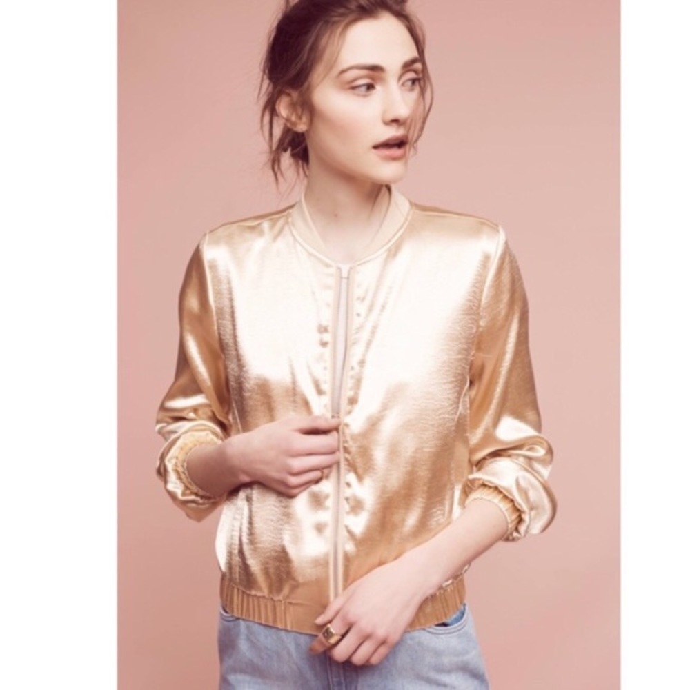 JOA / ANTHROPOLOGIE Pink Metallic Bomber Jacket S